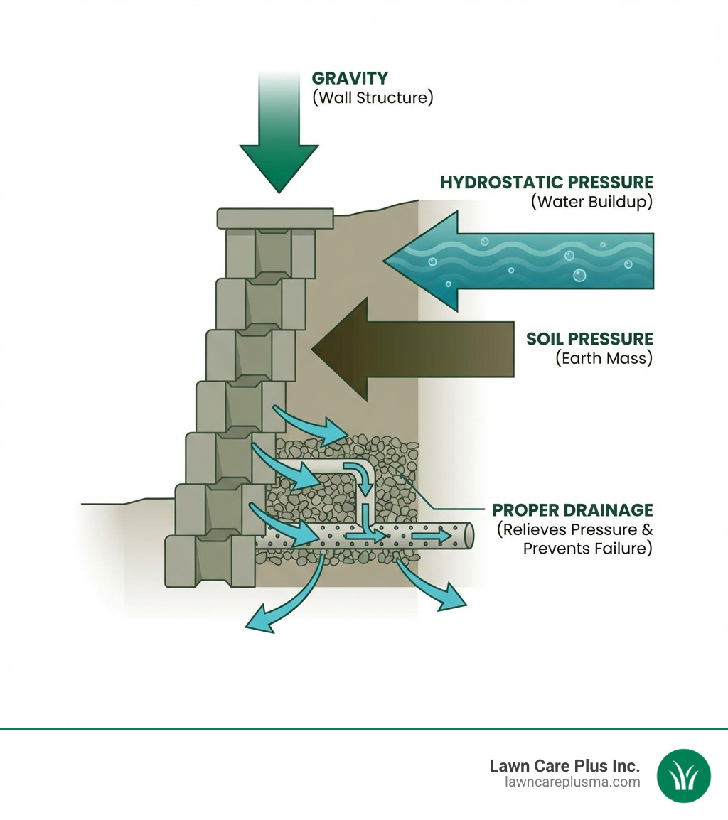 Infographic showing the three main forces acting on a retaining wall: downward gravity on the wall structure itself, horizontal soil pressure pushing from behind the wall, and hydrostatic pressure from water buildup, with arrows indicating proper drainage solutions - building retaining walls infographic Infographic showing the three main forces acting on a retaining wall: downward gravity on the wall structure itself, horizontal soil pressure pushing from behind the wall, and hydrostatic pressure from water buildup, with arrows indicating proper drainage solutions - building retaining walls infographic
