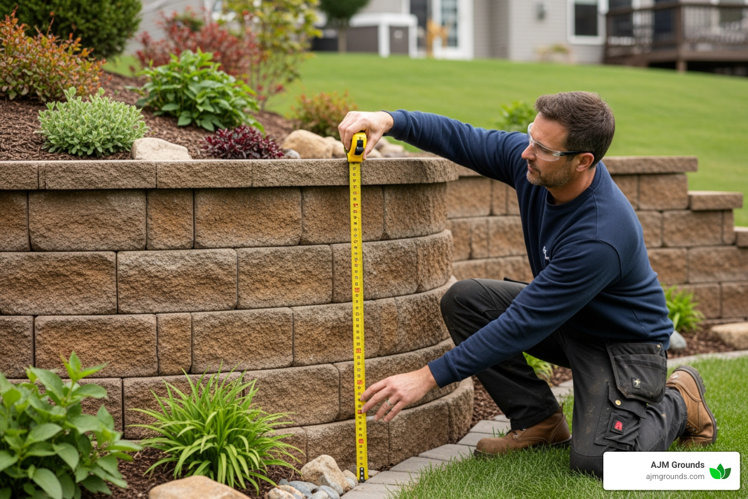 person measuring the height of a retaining wall with a tape measure - Residential retaining walls
