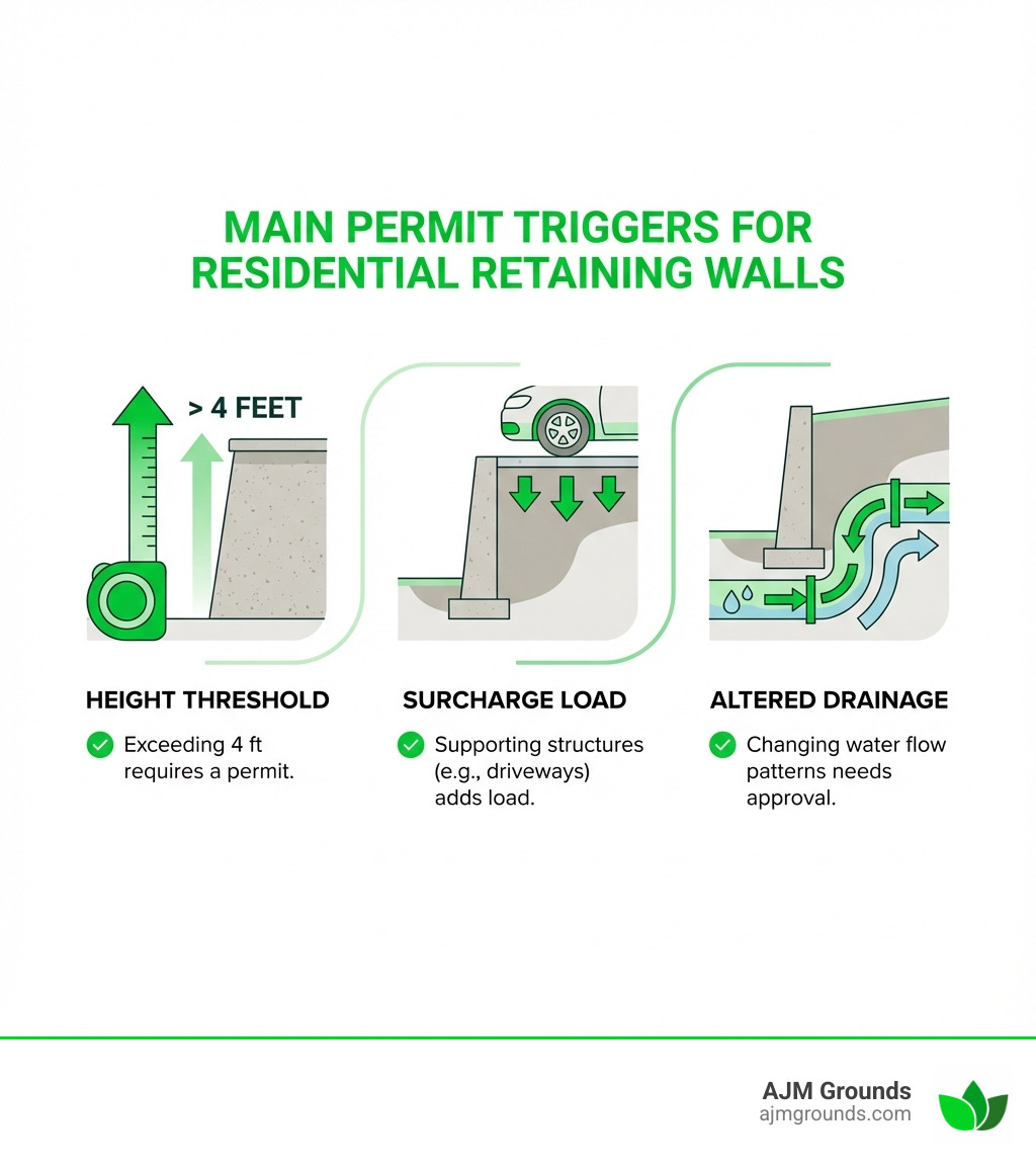 Infographic showing three main permit triggers for residential retaining walls: a wall measuring over 4 feet tall with a measuring tape, a driveway sitting on top of a wall representing surcharge load, and a drainage pipe showing altered water flow patterns - Residential retaining walls infographic 