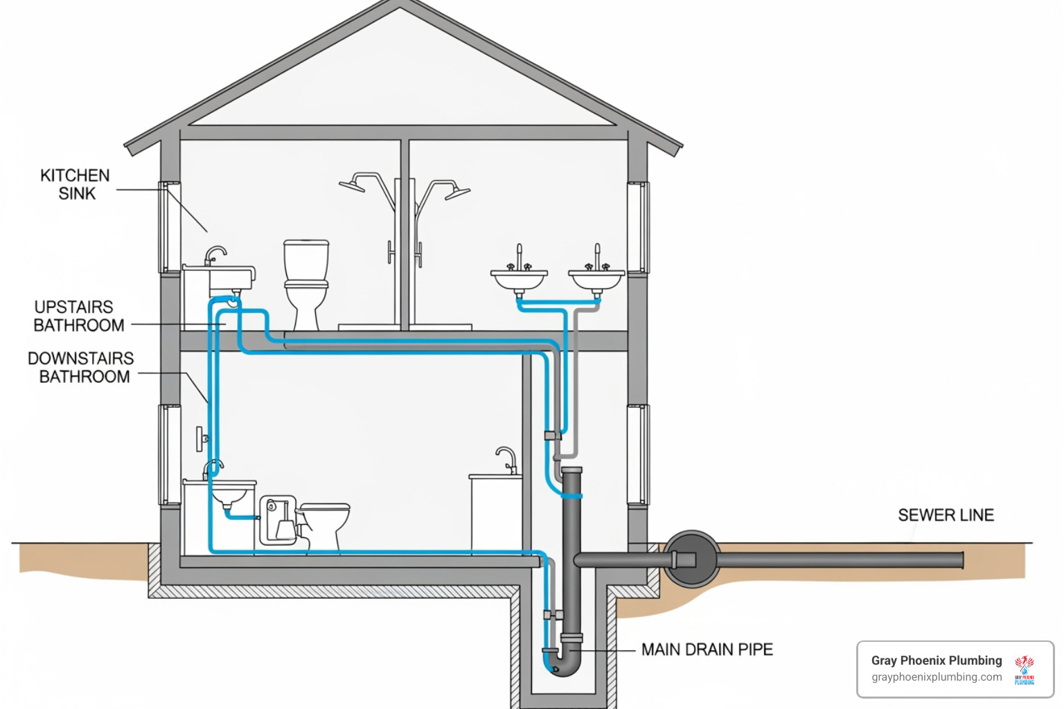 simple diagram of a home's plumbing system, illustrating how branch drains connect to the main sewer line - Multiple clogged drains