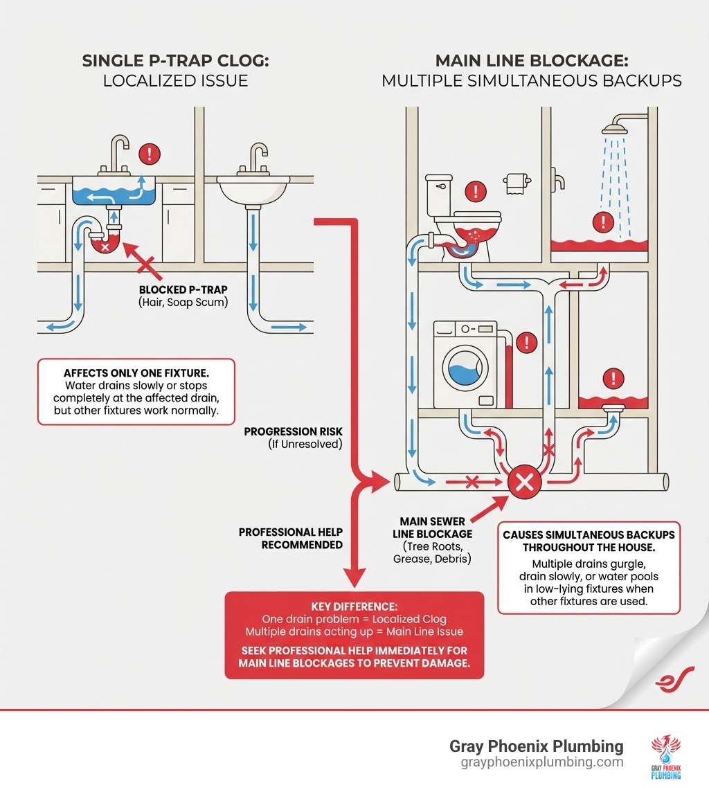 infographic showing cross-section of home plumbing with branch drains connecting to main sewer line, highlighting the difference between a single P-trap clog affecting one fixture versus a main line blockage causing multiple drains to back up simultaneously, with labeled arrows showing water flow direction and common blockage locations - Multiple clogged drains infographic 