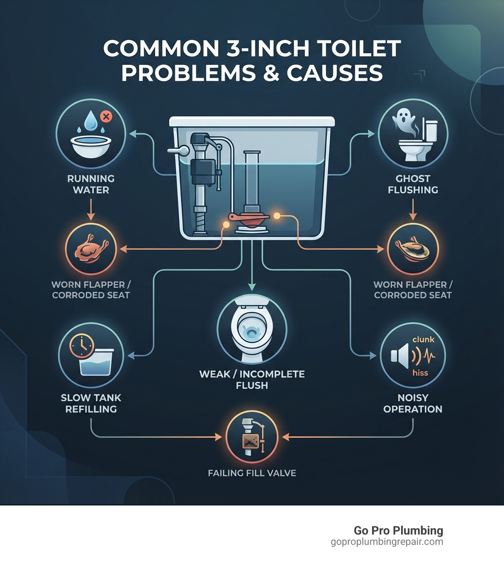 Infographic showing common 3-inch toilet problems including running water, ghost flushing causing unexpected flushes, slow tank refilling after each flush, noisy operation during and after flushing, and weak or incomplete flushes, with visual indicators for each issue and their typical causes like worn flappers, corroded flush valve seats, and failing fill valves - toilet repair kit 3 inch infographic Infographic showing common 3-inch toilet problems including running water, ghost flushing causing unexpected flushes, slow tank refilling after each flush, noisy operation during and after flushing, and weak or incomplete flushes, with visual indicators for each issue and their typical causes like worn flappers, corroded flush valve seats, and failing fill valves - toilet repair kit 3 inch infographic