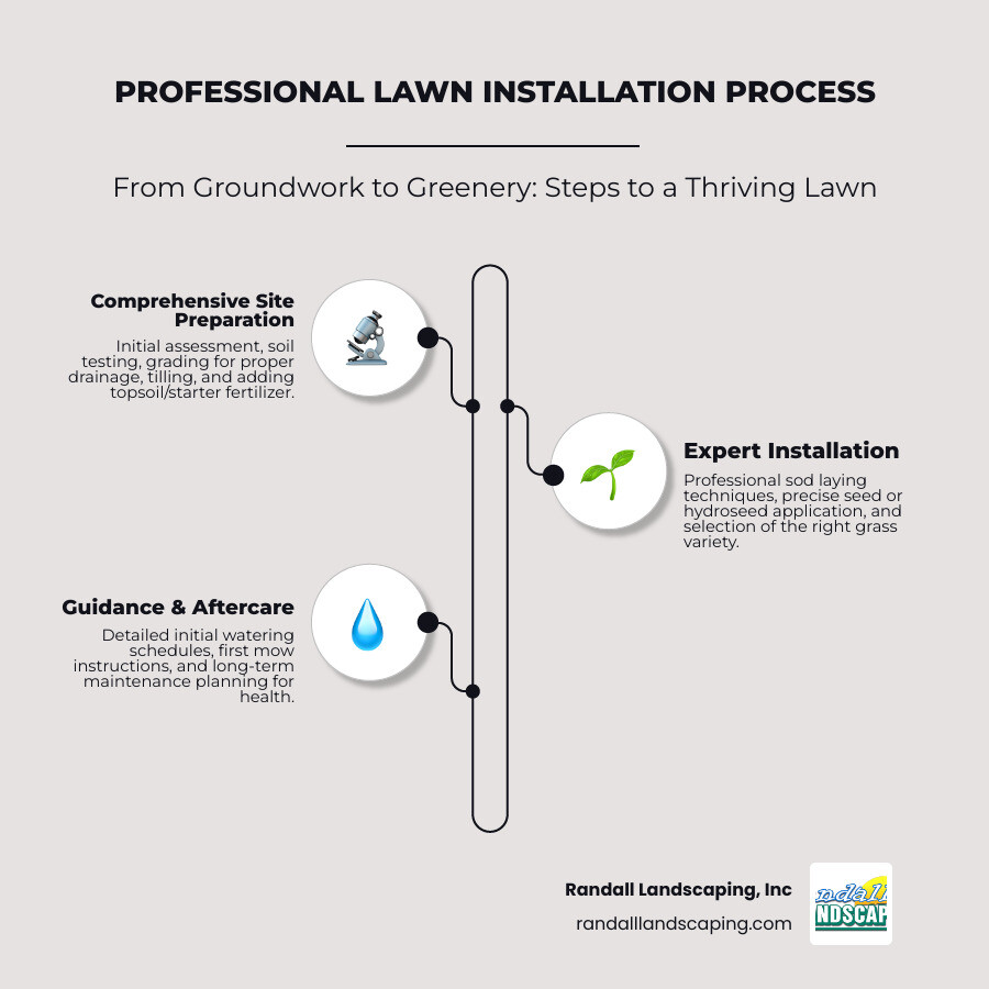 Infographic showing the complete professional lawn installation process from initial site assessment through soil testing, grading and drainage setup, topsoil and amendment application, sod or seed installation, proper watering schedules, and long-term maintenance for a healthy established lawn - professional lawn installation infographic infographic-line-3-steps-elegant_beige