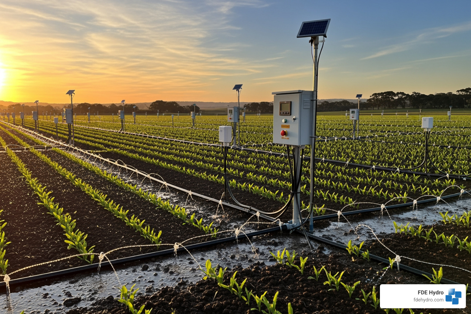 A high-efficiency water management system in a field, showing drip irrigation lines delivering water directly to crop roots, with sensors and control boxes for automated operation. - water resources management