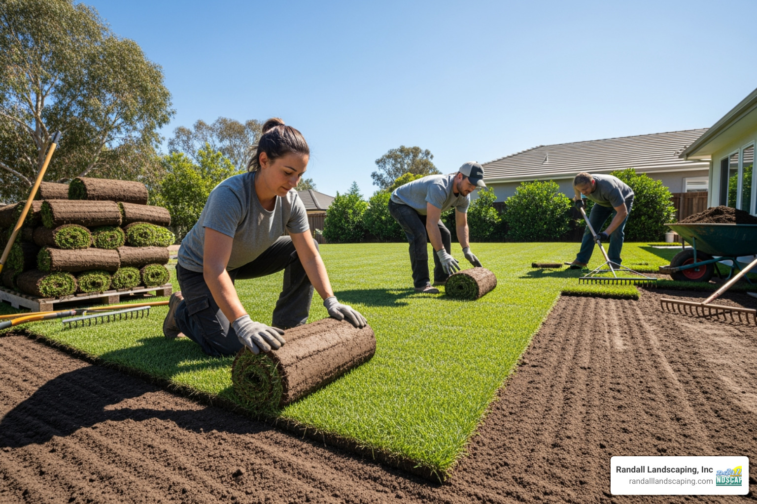 A landscaping team carefully laying rolls of sod on a newly prepared lawn area, ensuring tight seams and even coverage. - professional lawn installation
