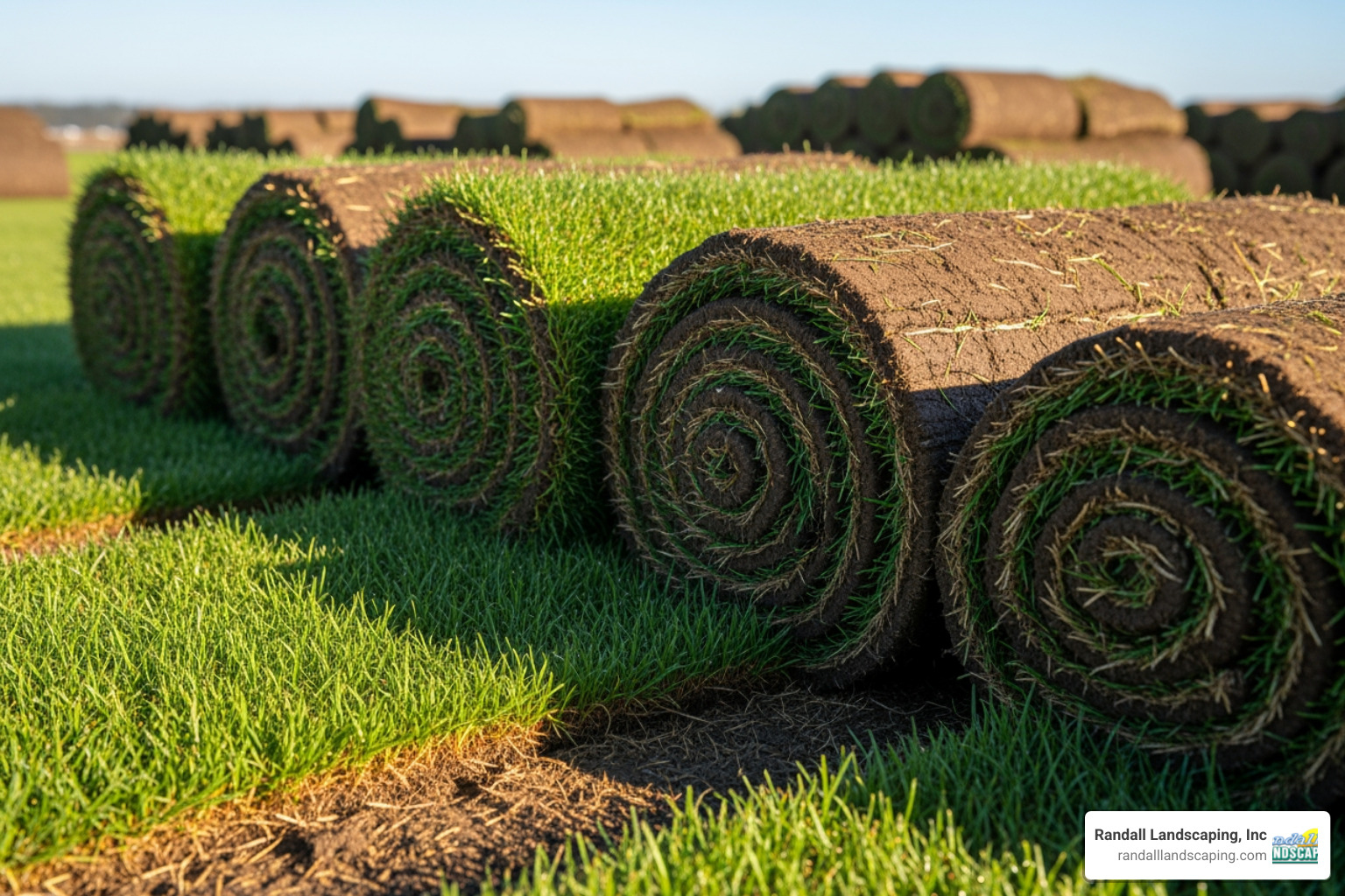 Different types of grass sod rolls, showcasing varying shades of green and textures - professional lawn installation