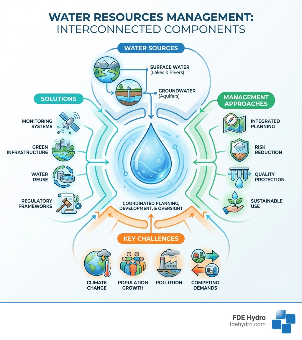 Infographic showing the interconnected components of water resources management: water sources (surface water from lakes and rivers, groundwater from aquifers), management approaches (integrated planning, risk reduction, quality protection, sustainable use), key challenges (climate change, population growth, pollution, competing demands), and solutions (monitoring systems, green infrastructure, water reuse, regulatory frameworks) - water resources management infographic 