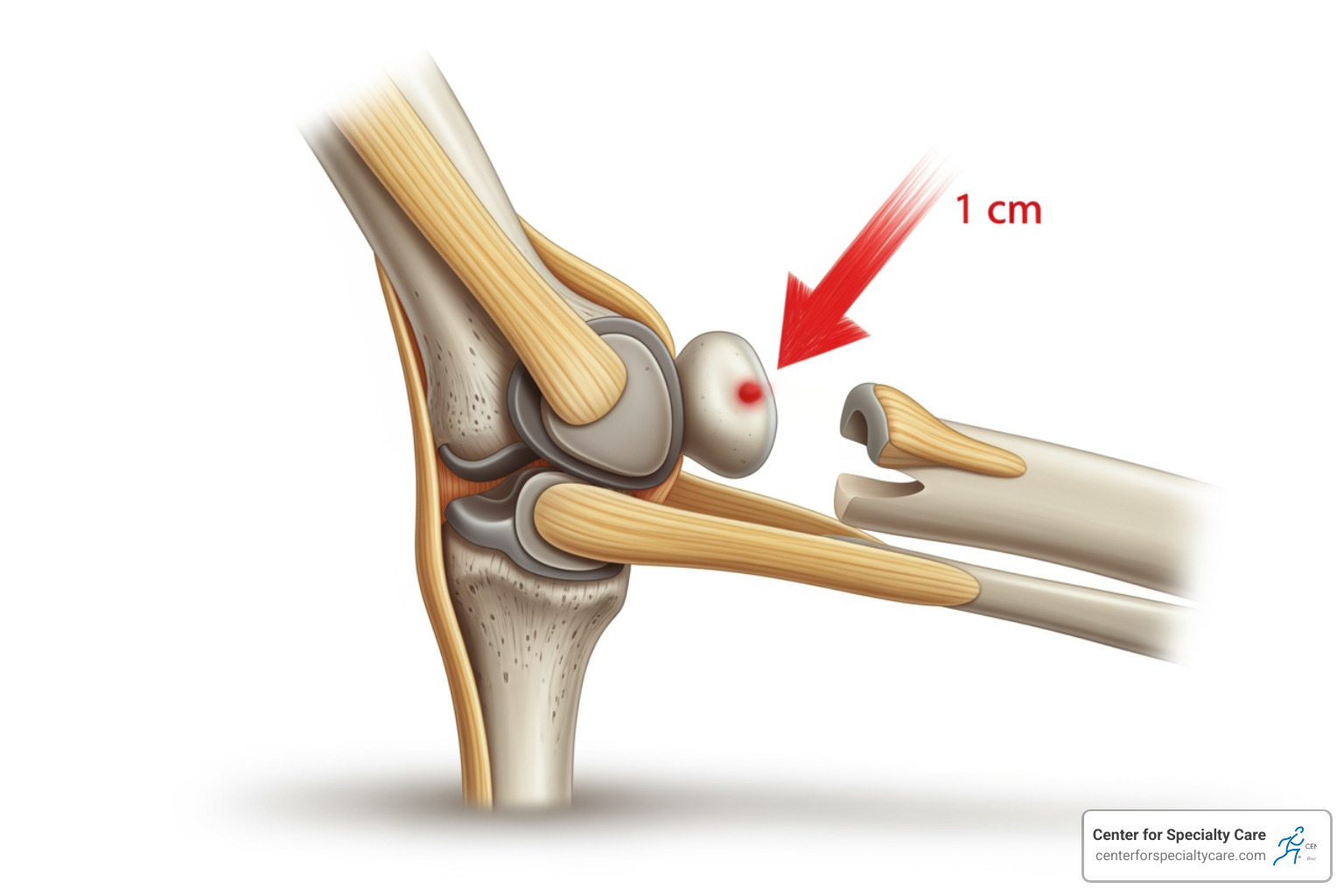 A child's elbow joint with an arrow pointing to the radial head partially slipped out of the annular ligament - subluxed