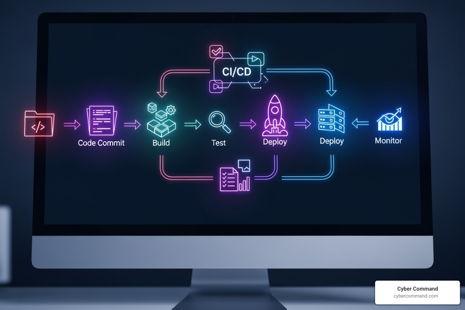 A complex CI/CD pipeline visualized on a screen, showing various stages like code commit, build, test, deploy, and monitor, with arrows indicating flow and integration points - coaching on devops and cloud computing