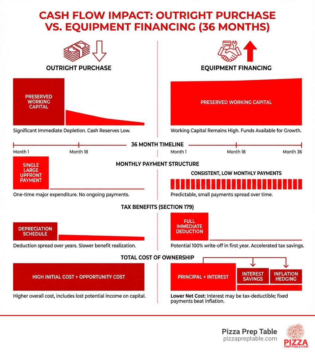 Infographic showing comparison of cash flow impact: Outright Purchase vs Equipment Financing over 36 months, with bars showing preserved working capital, monthly payment structures, tax benefits under Section 179, and total cost of ownership including interest savings and inflation hedging - San Diego equipment financing infographic 