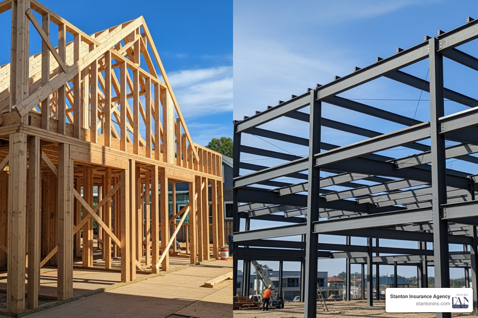 split-screen showing different construction materials: wood framing on one side, steel beams on the other - Home Construction Insurance Cost split-screen showing different construction materials: wood framing on one side, steel beams on the other - Home Construction Insurance Cost