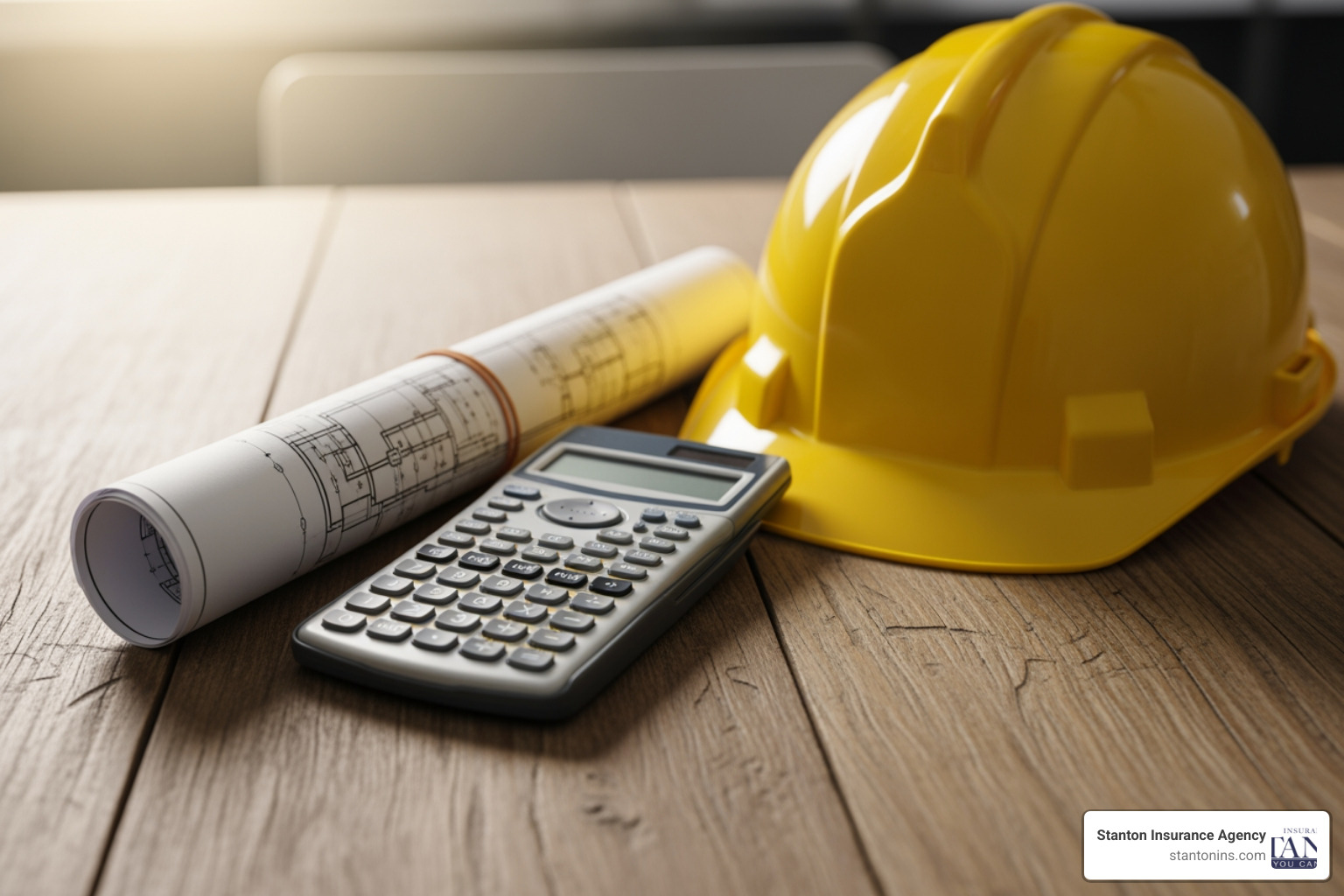 calculator, blueprints, and a hard hat on a wooden table - Home Construction Insurance Cost calculator, blueprints, and a hard hat on a wooden table - Home Construction Insurance Cost