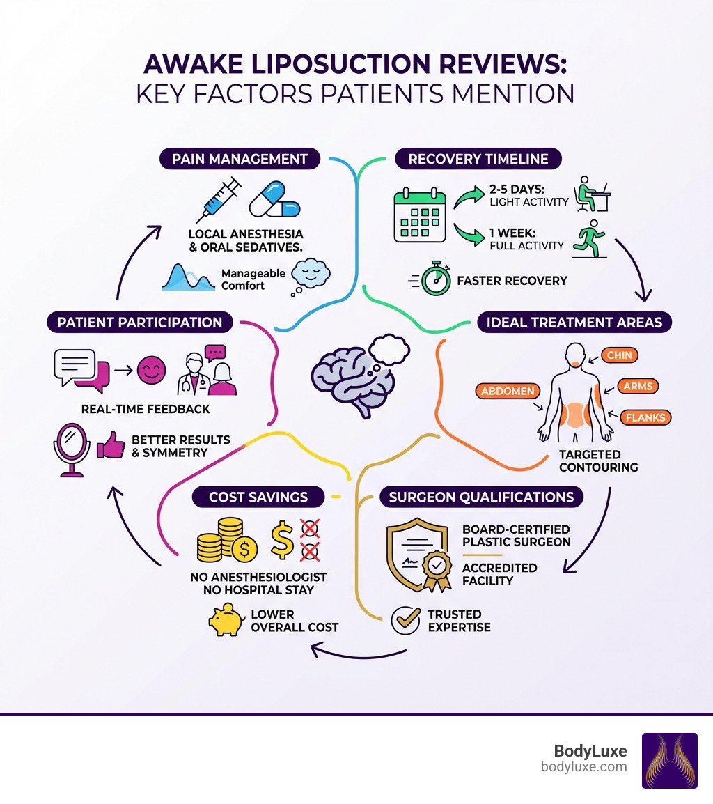 Infographic showing key factors patients mention in awake liposuction reviews: pain management (local anesthesia with oral sedatives), recovery timeline (2-5 days light activity, 1 week full activity), ideal treatment areas (abdomen, arms, chin, flanks), surgeon qualifications (board-certified plastic surgeon, accredited facility), cost savings (no anesthesiologist, no hospital stay), and patient participation (real-time feedback for better results) - Awake liposuction reviews infographic 