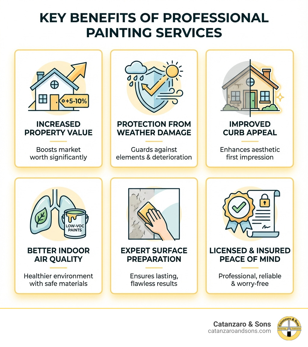 infographic showing key benefits of professional painting services including increased property value by 5-10%, protection from weather damage, improved curb appeal, better indoor air quality with low-VOC paints, expert surface preparation for lasting results, and licensed and insured peace of mind - painting services east providence infographic infographic showing key benefits of professional painting services including increased property value by 5-10%, protection from weather damage, improved curb appeal, better indoor air quality with low-VOC paints, expert surface preparation for lasting results, and licensed and insured peace of mind - painting services east providence infographic