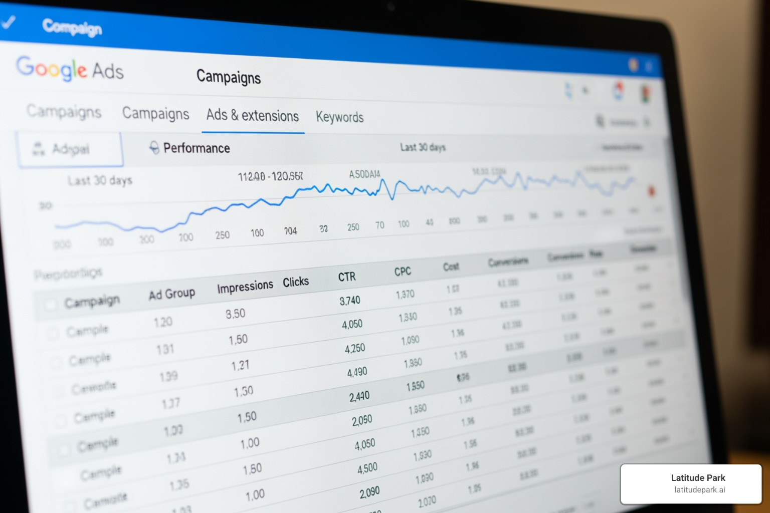 Google Ads "Campaigns" view with key columns like CTR, CPC, and Conversions highlighted - Google Ads data analysis Google Ads "Campaigns" view with key columns like CTR, CPC, and Conversions highlighted - Google Ads data analysis