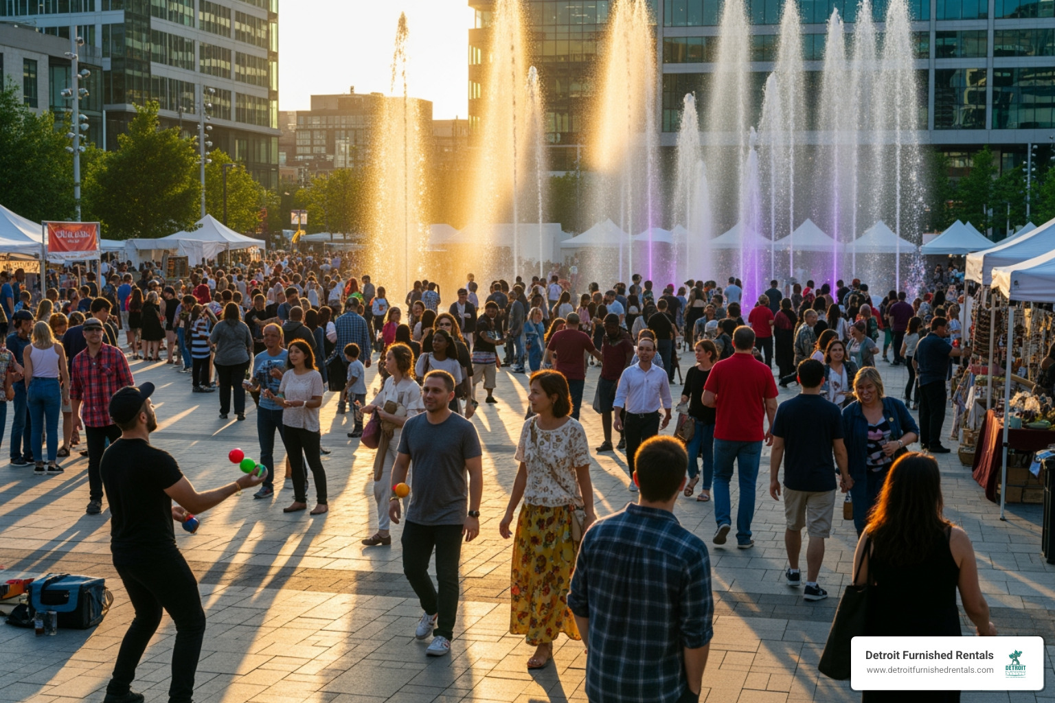 Hart Plaza festival with fountain in background - Horace Dodge Fountain