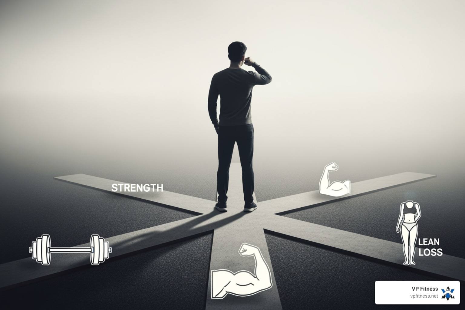 person making a choice at a fork in a path, with icons for strength, muscle, and fat loss - workout split routine person making a choice at a fork in a path, with icons for strength, muscle, and fat loss - workout split routine