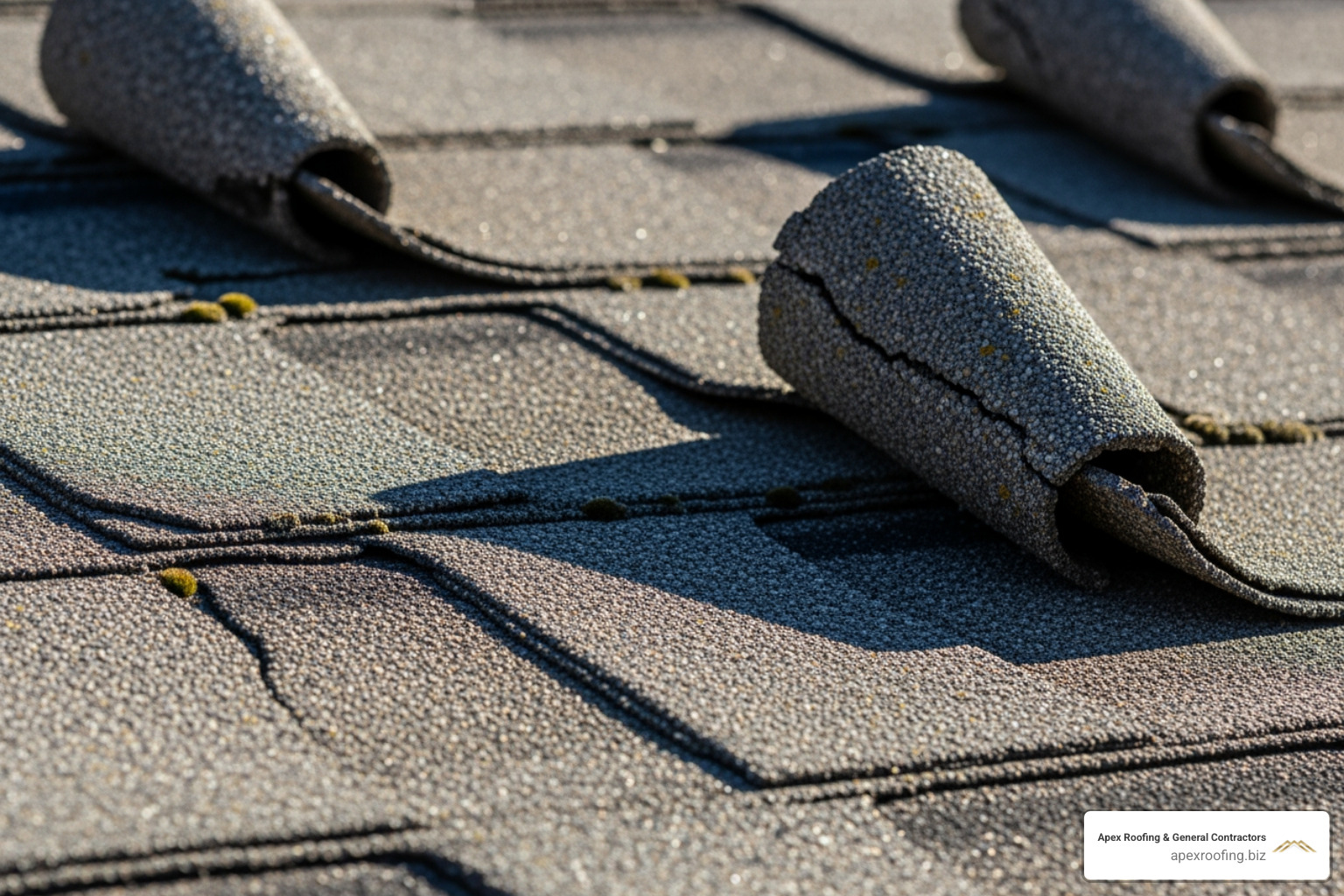 close-up view showing cracked and curling asphalt shingles - shingle roof repair close-up view showing cracked and curling asphalt shingles - shingle roof repair