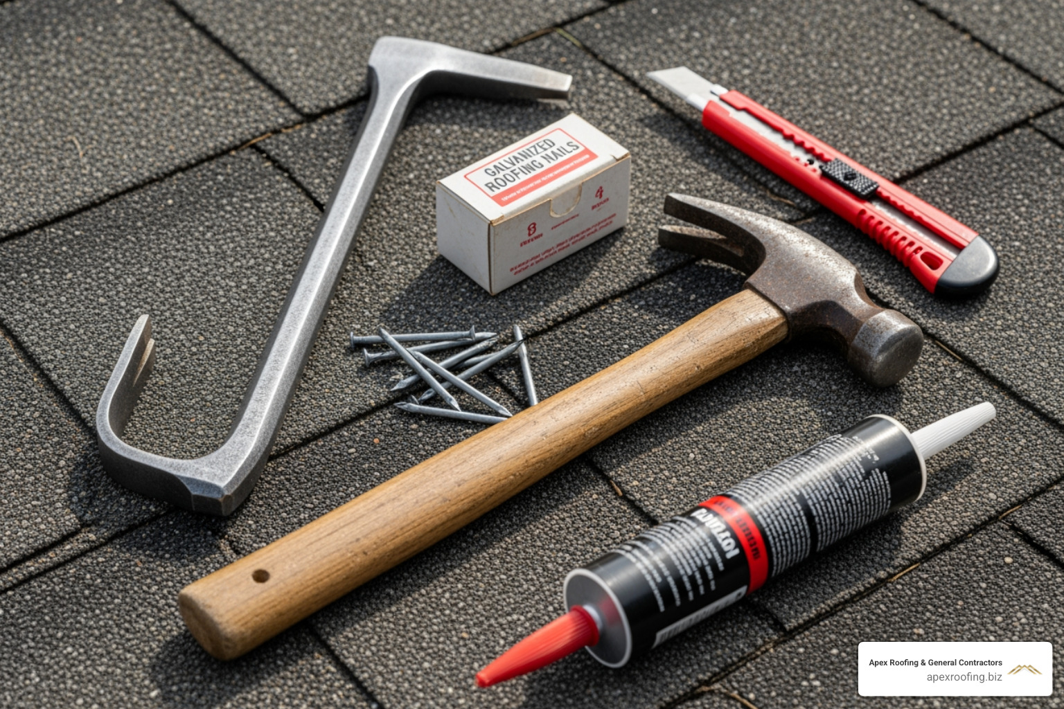 essential roofing tools laid out: hammer, pry bar, utility knife, roofing nails, and roofing sealant - shingle roof repair essential roofing tools laid out: hammer, pry bar, utility knife, roofing nails, and roofing sealant - shingle roof repair