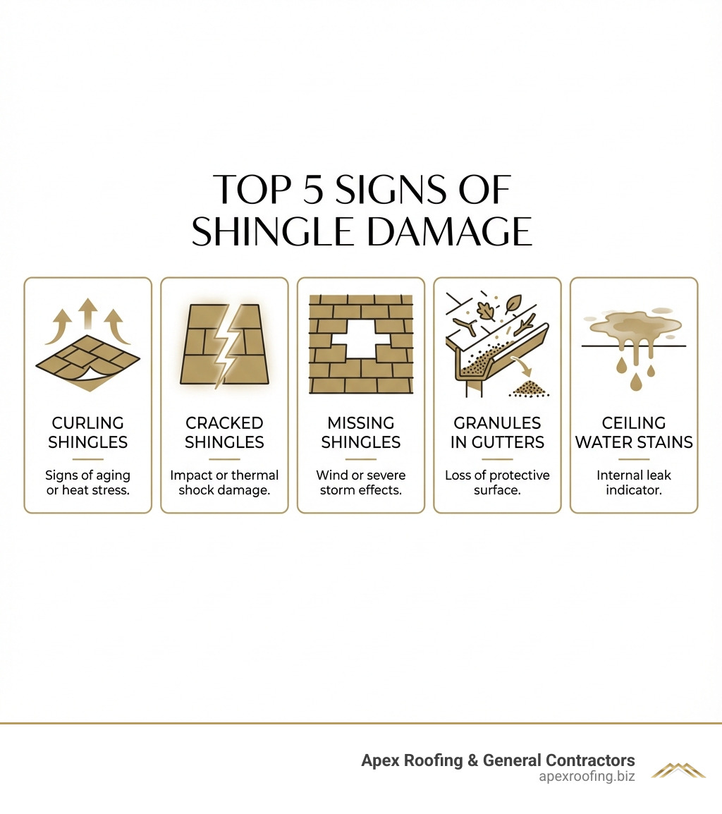 infographic showing the top 5 signs of shingle damage with icons: curling shingles with upward arrows, cracked shingles with lightning bolt, missing shingles with empty gap, granules in gutters with debris illustration, and ceiling water stains with drip marks - shingle roof repair infographic infographic showing the top 5 signs of shingle damage with icons: curling shingles with upward arrows, cracked shingles with lightning bolt, missing shingles with empty gap, granules in gutters with debris illustration, and ceiling water stains with drip marks - shingle roof repair infographic