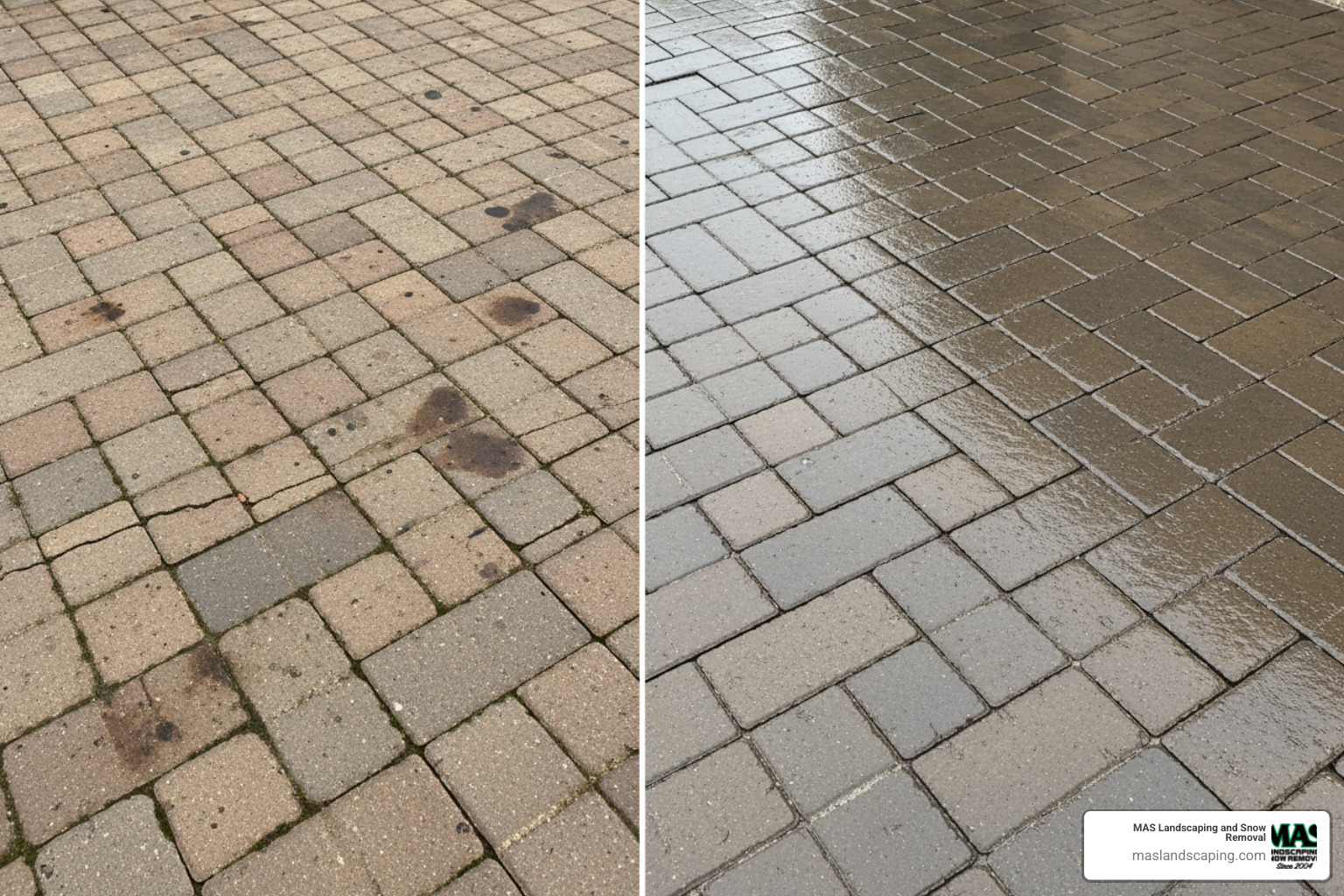 Split screen showing a faded, stained paver patio next to a vibrant, sealed one - Patio paver sealing Split screen showing a faded, stained paver patio next to a vibrant, sealed one - Patio paver sealing