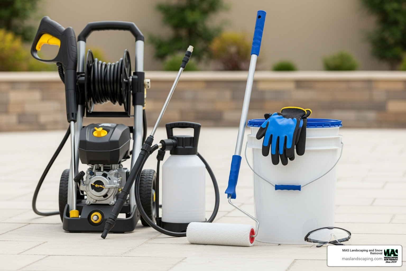Tools needed for paver sealing, including a pressure washer, sprayer, roller, and protective gear - Patio paver sealing Tools needed for paver sealing, including a pressure washer, sprayer, roller, and protective gear - Patio paver sealing