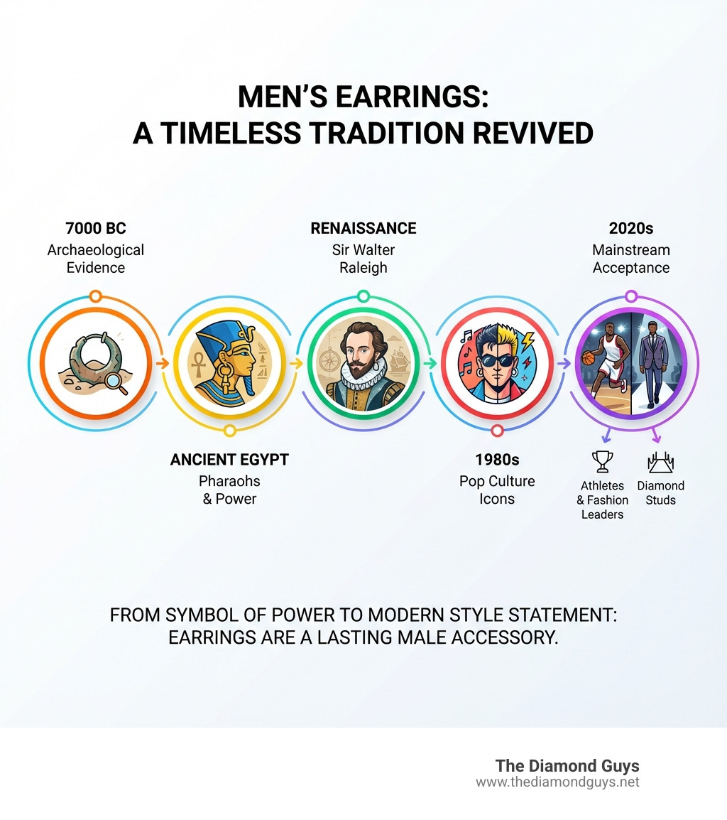 infographic showing timeline of men wearing earrings from ancient civilizations through modern celebrities with key milestones including 7000 BC archaeological evidence, ancient Egyptian pharaohs, Renaissance portraits of Sir Walter Raleigh, 1980s pop culture icons, and 2020s mainstream acceptance by athletes and fashion leaders - guys wearing diamond earrings infographic 