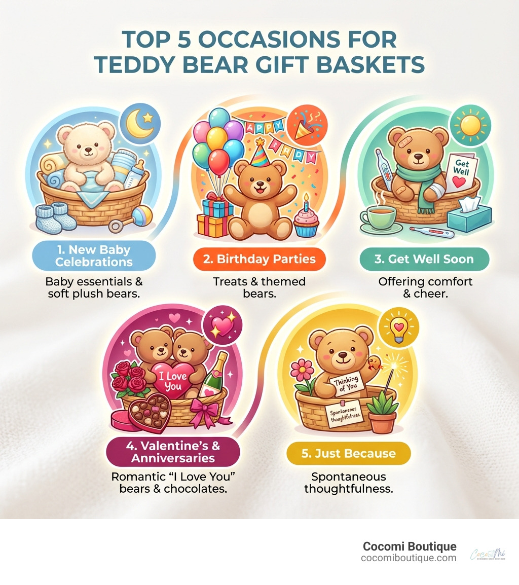 Infographic showing top 5 occasions for teddy bear gift baskets: 1. New Baby Celebrations with baby essentials and soft plush bears, 2. Birthday Parties featuring treats and themed bears, 3. Get Well Soon baskets offering comfort and cheer, 4. Valentine's Day and Anniversaries with romantic "I Love You" bears and chocolates, 5. Just Because gifts showing spontaneous thoughtfulness - teddy bear gift baskets infographic 