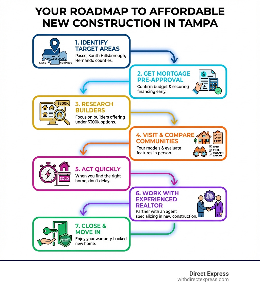 Infographic showing the step-by-step process: 1) Identify target areas (Pasco, South Hillsborough, Hernando counties), 2) Get mortgage pre-approval, 3) Research builders offering under $300k options, 4) Visit communities and compare features, 5) Act quickly when you find the right home, 6) Work with a realtor experienced in new construction, 7) Close and move into your warranty-backed new home - new construction homes tampa under $300k infographic 