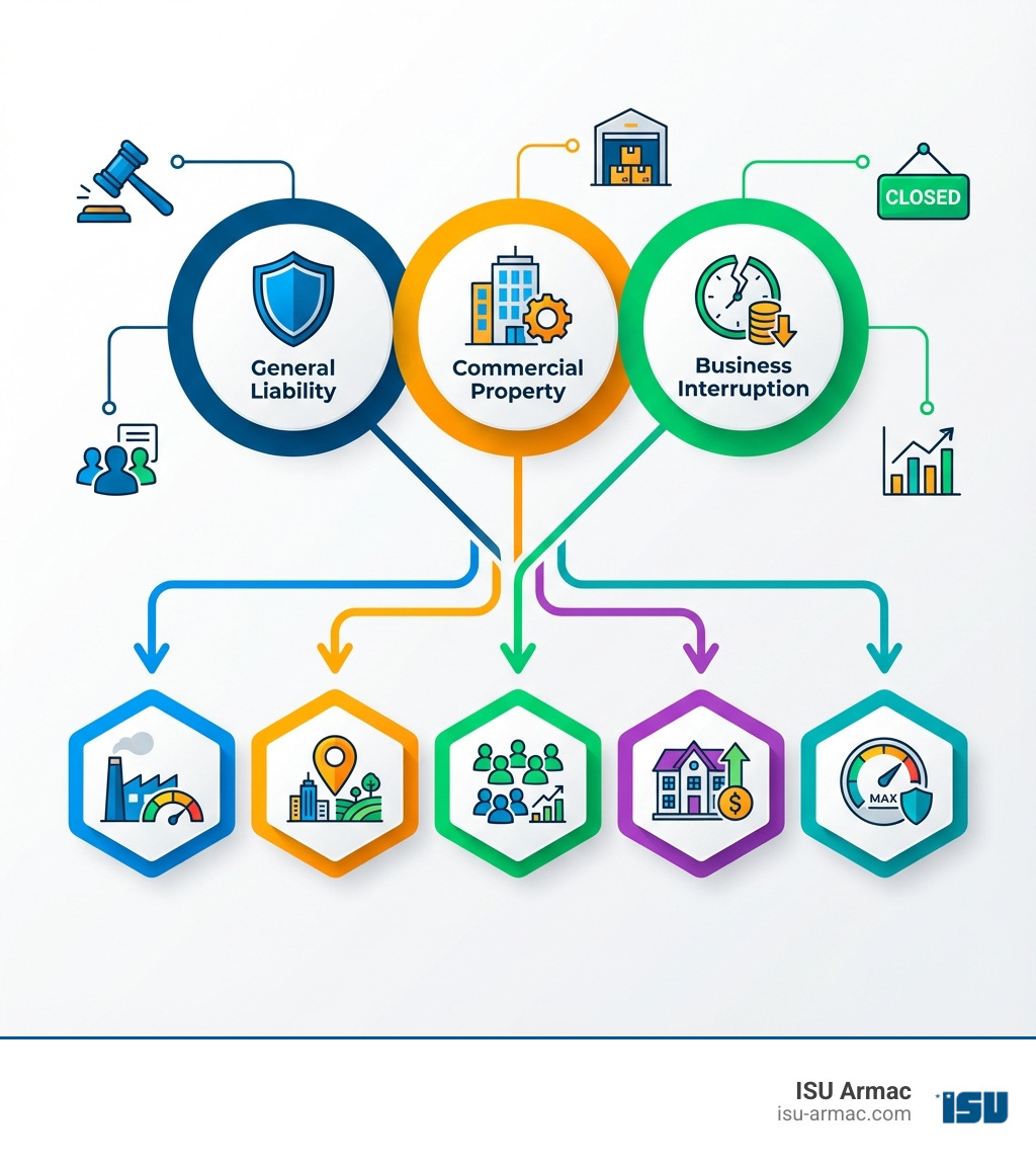 Infographic showing three circles representing the core BOP coverages: General Liability (protects against third-party lawsuits), Commercial Property (covers buildings and equipment), and Business Interruption (replaces lost income), with arrows pointing to five key cost factors: Industry Risk Level, Business Location, Number of Employees, Property Value, and Coverage Limits - business owners policy cost infographic 