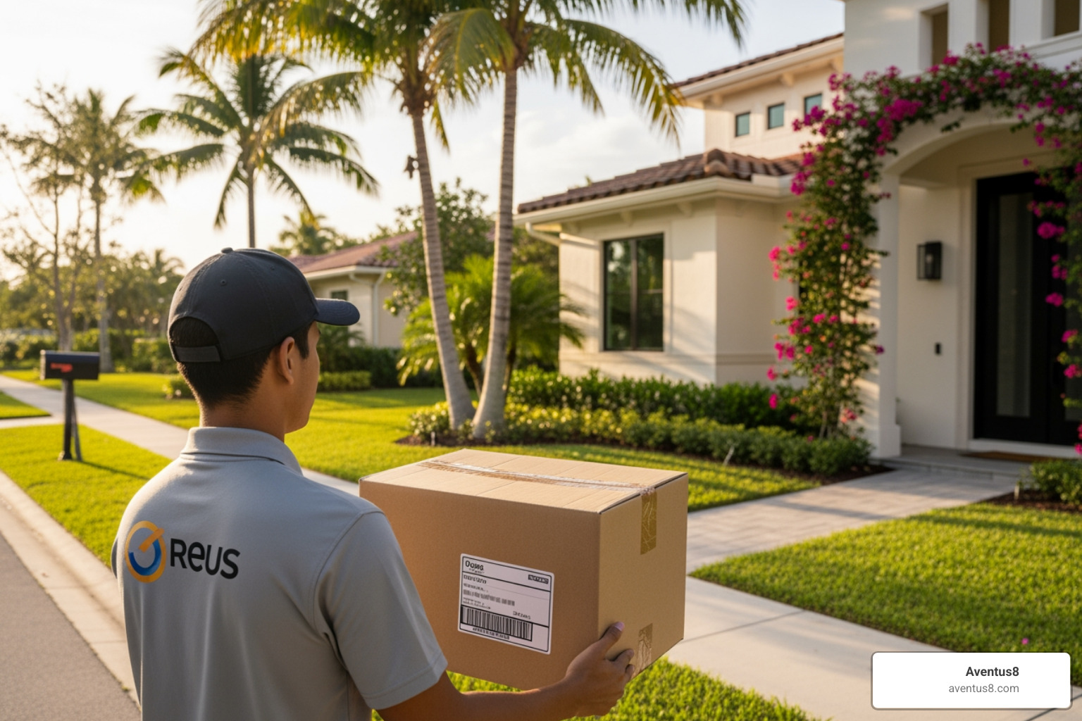 Discreet shipping box from Aventus8 arriving at a home in Hollywood, FL - Cookies blunt