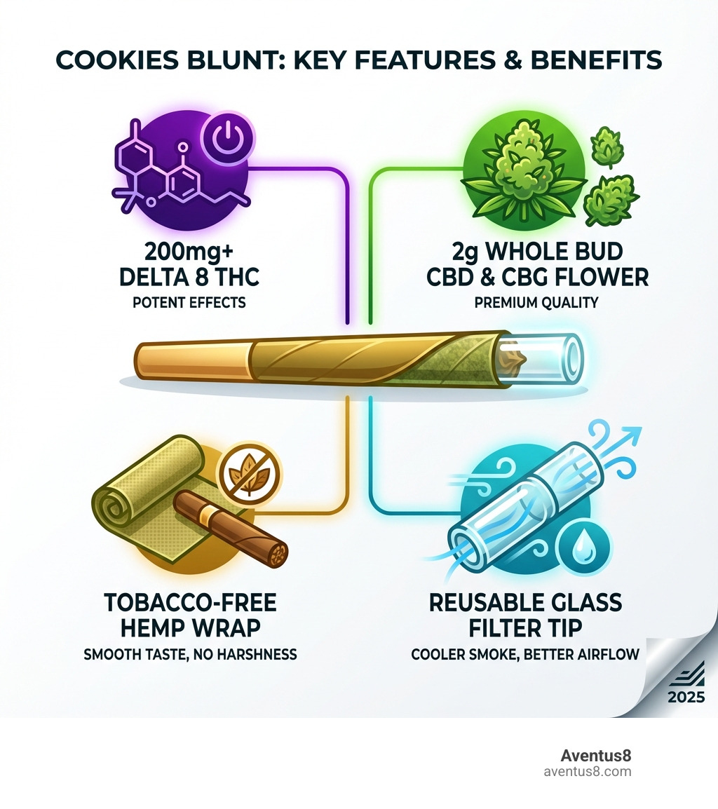 Infographic showing key features of Cookies Blunt: 200mg+ Delta 8 THC for potent effects, 2g Whole Bud CBD and CBG Flower for premium quality, Tobacco-Free Hemp Wrap for smooth taste without harshness, and Reusable Glass Filter Tip for cooler smoke and better airflow - Cookies blunt infographic 