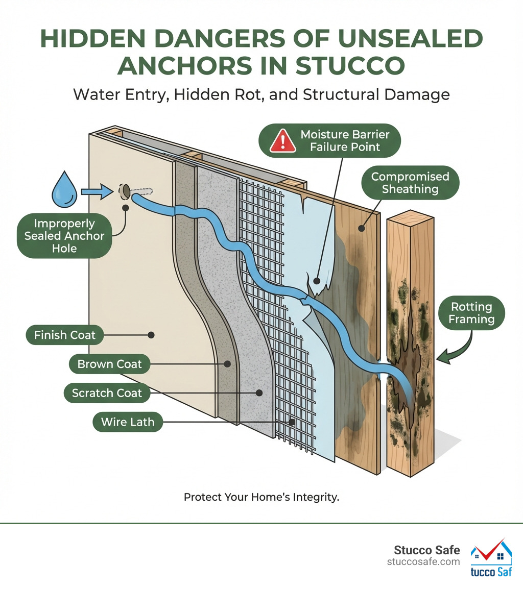 Infographic showing how water enters through an improperly sealed anchor hole in stucco, travels behind the cement layer through the lath system, soaks into wood sheathing and framing, causing hidden rot and structural damage while the stucco surface still appears intact, with labels indicating the scratch coat, brown coat, finish coat, wire lath, moisture barrier failure point, compromised sheathing, and rotting framing - best anchors for stucco exterior infographic Infographic showing how water enters through an improperly sealed anchor hole in stucco, travels behind the cement layer through the lath system, soaks into wood sheathing and framing, causing hidden rot and structural damage while the stucco surface still appears intact, with labels indicating the scratch coat, brown coat, finish coat, wire lath, moisture barrier failure point, compromised sheathing, and rotting framing - best anchors for stucco exterior infographic