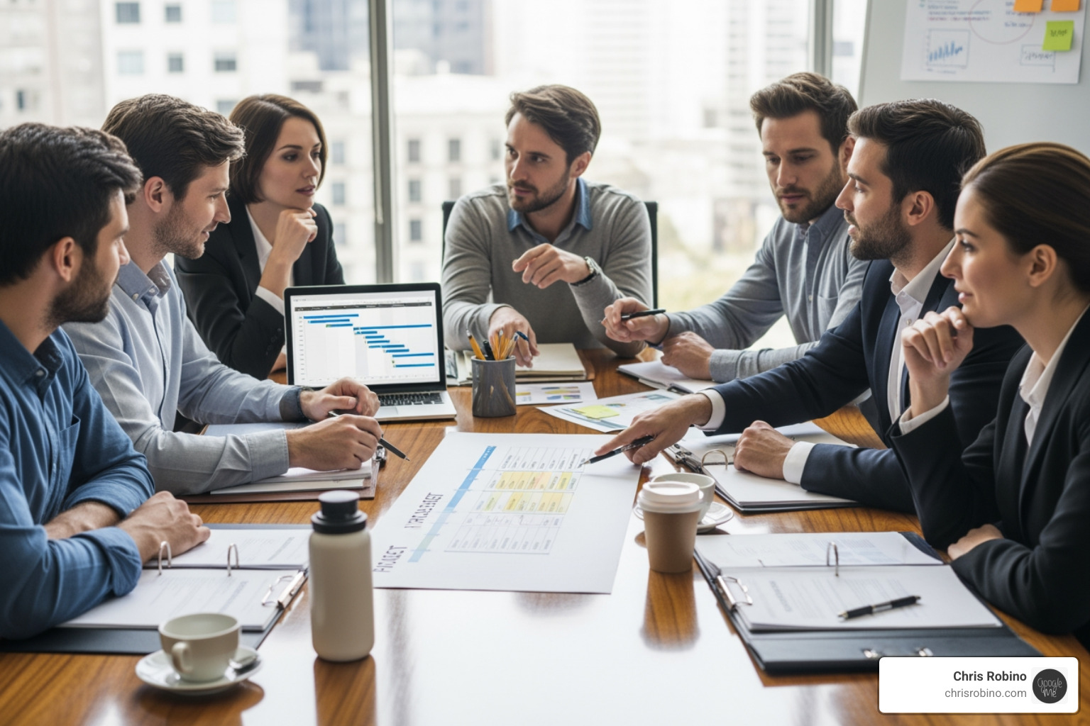 A collaborative meeting showing a team working on a project timeline and strategy - social media branding consultant
