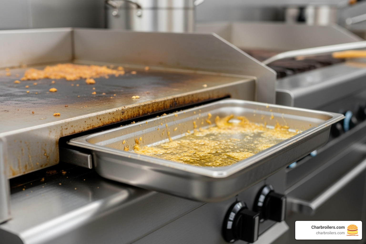 An image showing the easy-to-remove grease tray on a CookRite griddle, positioned below the cooking surface, ready to be pulled out for cleaning. - cook rite griddle An image showing the easy-to-remove grease tray on a CookRite griddle, positioned below the cooking surface, ready to be pulled out for cleaning. - cook rite griddle