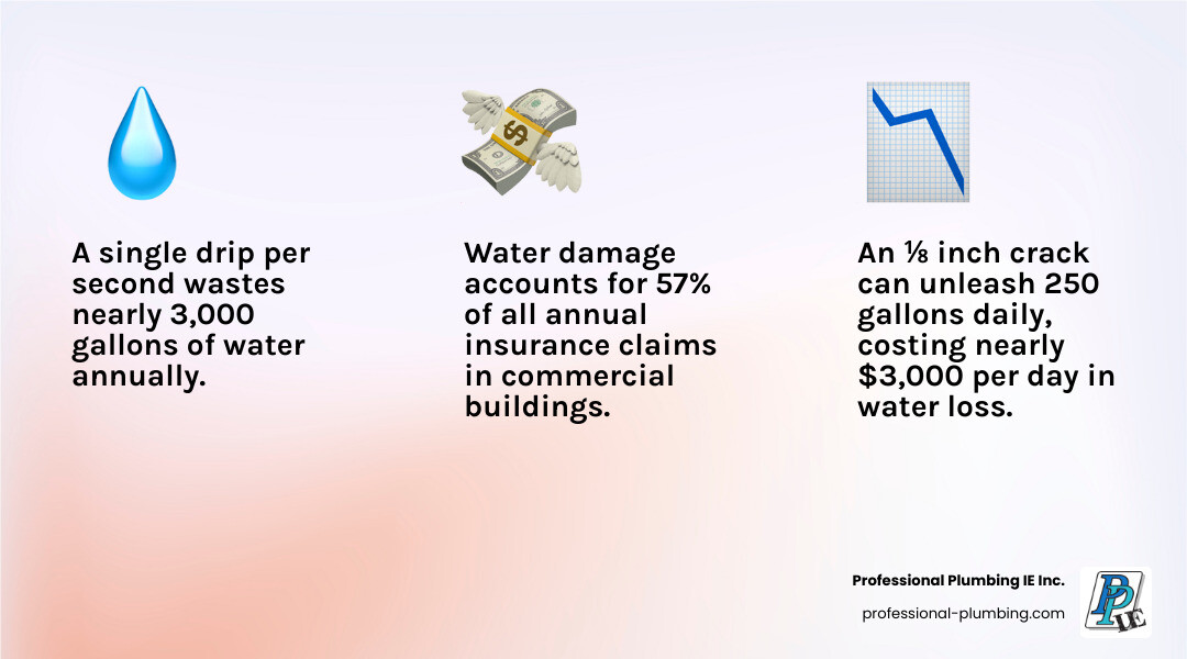 Infographic showing the escalating costs of ignored commercial leaks: 1 drip per second equals 3,000 gallons annually, costing $100+ in water bills; a minor 1/8 inch crack equals 250 gallons daily, costing $3,000 per day in water loss; plus additional costs for structural damage, mold remediation, business interruption, and insurance premium increases - commercial leak repair infographic 3_facts_emoji_light-gradient Infographic showing the escalating costs of ignored commercial leaks: 1 drip per second equals 3,000 gallons annually, costing $100+ in water bills; a minor 1/8 inch crack equals 250 gallons daily, costing $3,000 per day in water loss; plus additional costs for structural damage, mold remediation, business interruption, and insurance premium increases - commercial leak repair infographic 3_facts_emoji_light-gradient
