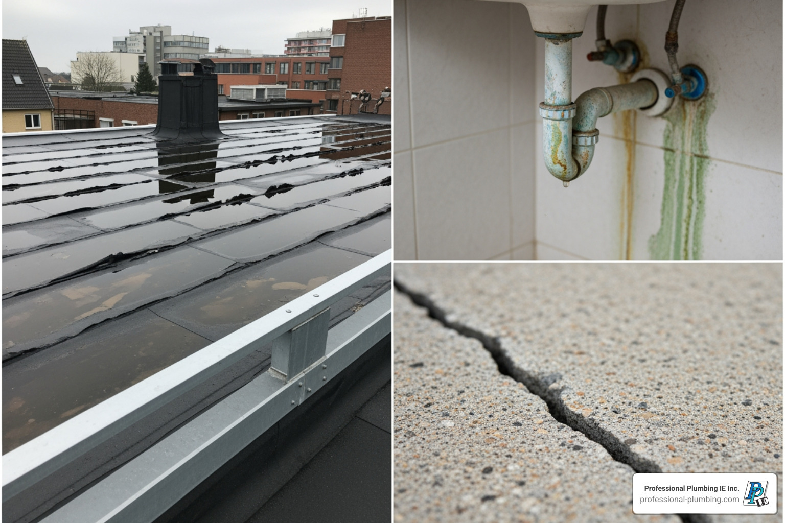 collage showing a damaged flat roof, a corroded pipe under a sink, and a crack in a concrete slab - commercial leak repair collage showing a damaged flat roof, a corroded pipe under a sink, and a crack in a concrete slab - commercial leak repair