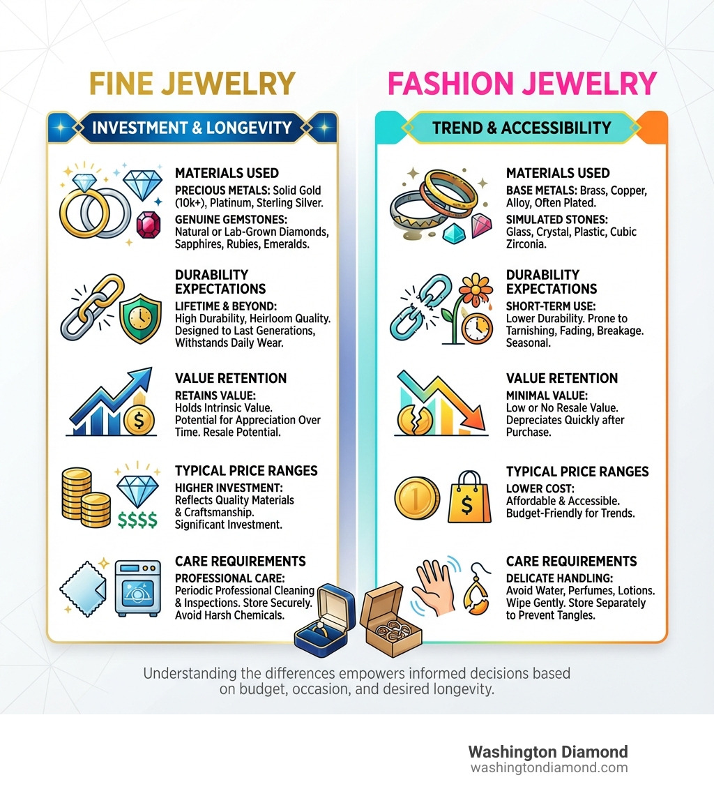 infographic comparing fine jewelry versus fashion jewelry showing materials used, durability expectations, value retention, typical price ranges, and care requirements - fine jewelry infographic 