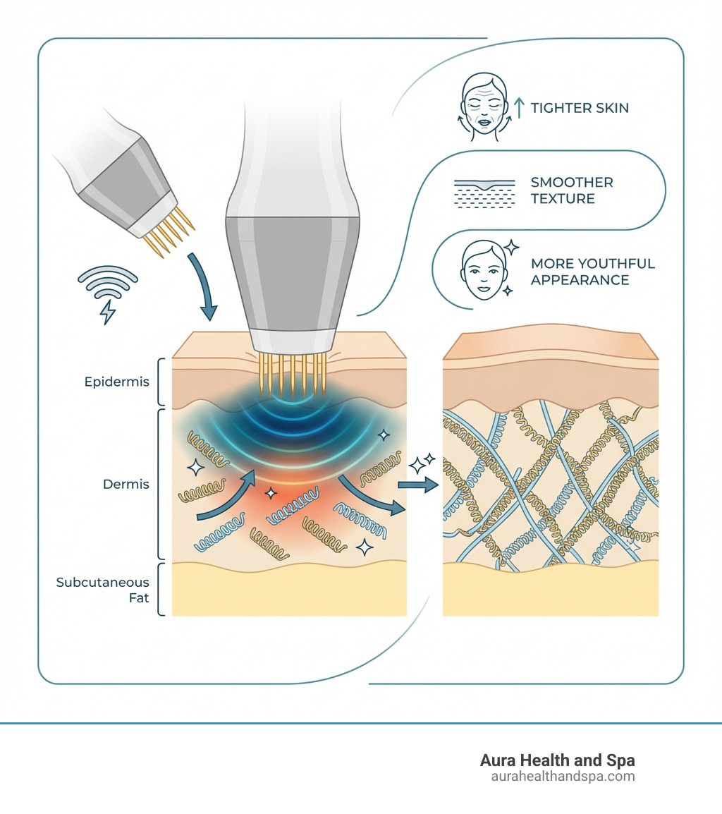 Infographic showing how Morpheus8 works: microneedling creates micro-channels in the skin while radiofrequency energy heats the deeper dermis to stimulate collagen and elastin production, resulting in tighter, smoother, more youthful skin - Morpheus8 infographic 