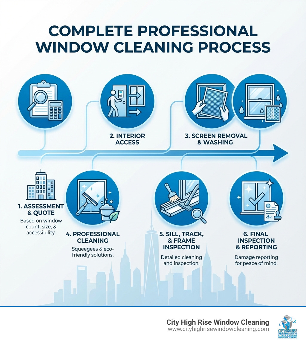 Infographic showing the complete window cleaning process: Step 1 - Assessment and quote based on window count, size, and accessibility; Step 2 - Interior access for comprehensive cleaning of both sides; Step 3 - Screen removal and washing; Step 4 - Professional cleaning with squeegees and eco-friendly solutions; Step 5 - Sill, track, and frame inspection and cleaning; Step 6 - Final inspection and damage reporting - window cleaners manhattan infographic Infographic showing the complete window cleaning process: Step 1 - Assessment and quote based on window count, size, and accessibility; Step 2 - Interior access for comprehensive cleaning of both sides; Step 3 - Screen removal and washing; Step 4 - Professional cleaning with squeegees and eco-friendly solutions; Step 5 - Sill, track, and frame inspection and cleaning; Step 6 - Final inspection and damage reporting - window cleaners manhattan infographic