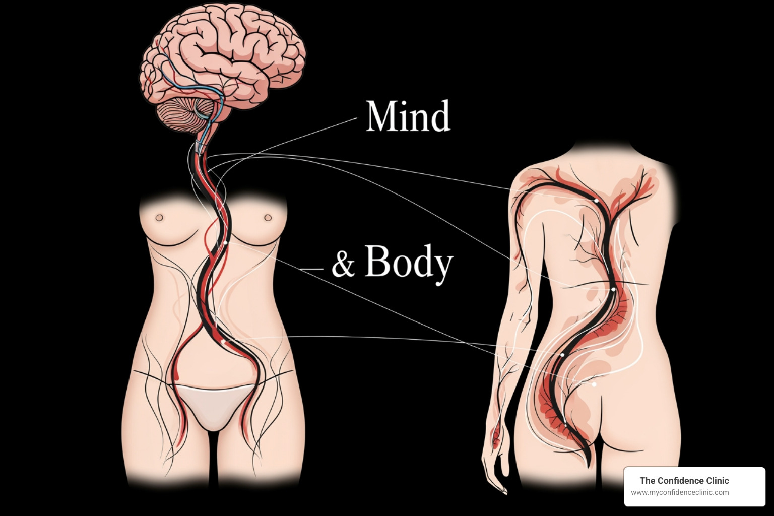 Image representing the intricate connection between the mind and body, with a brain figure connected by lines to various parts of a female body, highlighting emotional, hormonal, and physical influences on sexual health. - Female sexual health issues Image representing the intricate connection between the mind and body, with a brain figure connected by lines to various parts of a female body, highlighting emotional, hormonal, and physical influences on sexual health. - Female sexual health issues