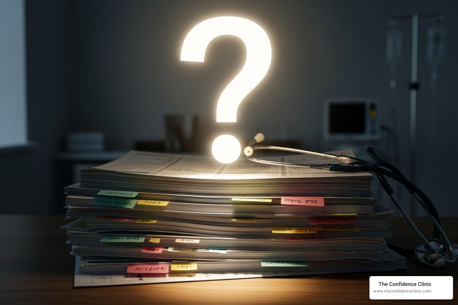 A question mark hovering over medical charts, symbolizing uncertainty and scrutiny in medical practices - functional medicine A question mark hovering over medical charts, symbolizing uncertainty and scrutiny in medical practices - functional medicine