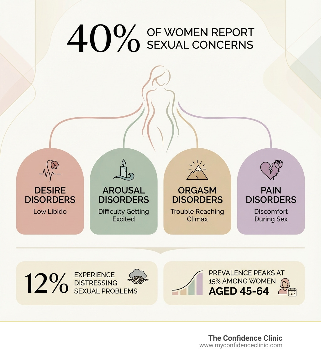 Infographic showing that 40% of women report sexual concerns, with the four main categories: Desire Disorders (low libido), Arousal Disorders (difficulty getting excited), Orgasm Disorders (trouble reaching climax), and Pain Disorders (discomfort during sex). The infographic also notes that 12% of women experience distressing sexual problems and that prevalence peaks at 15% among women aged 45-64. - Female sexual health issues infographic Infographic showing that 40% of women report sexual concerns, with the four main categories: Desire Disorders (low libido), Arousal Disorders (difficulty getting excited), Orgasm Disorders (trouble reaching climax), and Pain Disorders (discomfort during sex). The infographic also notes that 12% of women experience distressing sexual problems and that prevalence peaks at 15% among women aged 45-64. - Female sexual health issues infographic