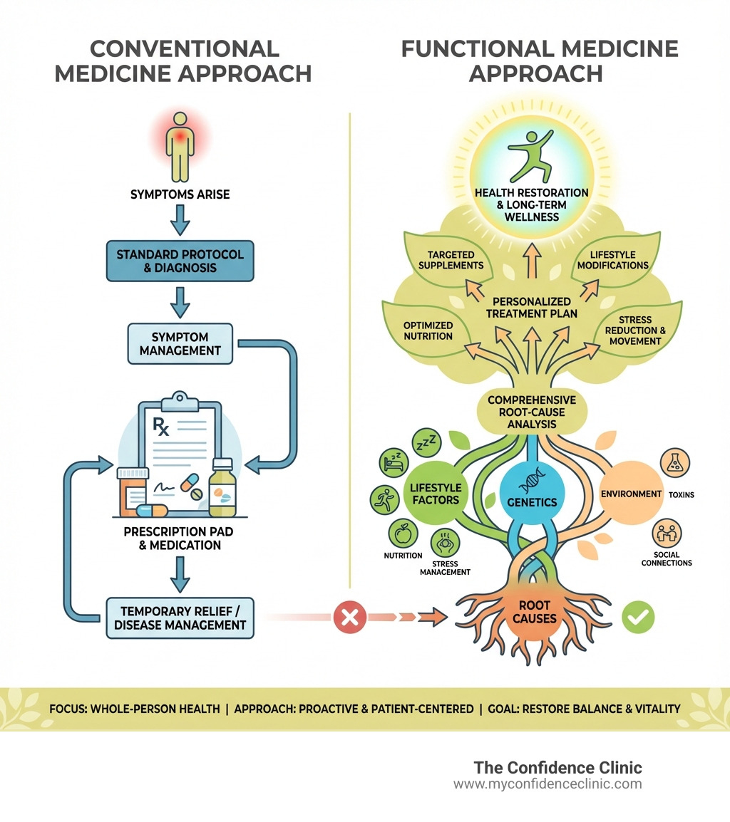 Infographic comparing conventional medicine approach showing a symptom-focused flowchart with prescription pad and functional medicine approach showing a root-cause analysis tree diagram with lifestyle factors, genetics, environment, and personalized treatment plan - functional medicine infographic Infographic comparing conventional medicine approach showing a symptom-focused flowchart with prescription pad and functional medicine approach showing a root-cause analysis tree diagram with lifestyle factors, genetics, environment, and personalized treatment plan - functional medicine infographic