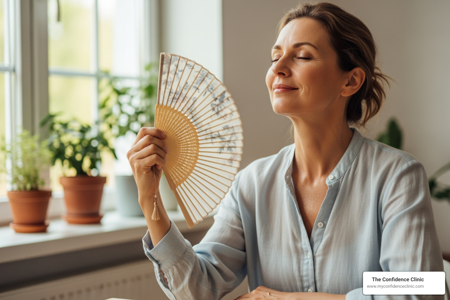 woman feeling relieved from a hot flash - Natural hormone therapy woman feeling relieved from a hot flash - Natural hormone therapy