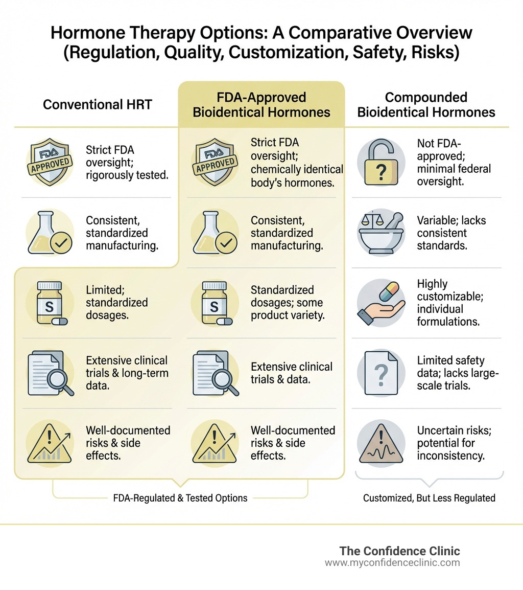 Infographic comparing conventional HRT with FDA-approved bioidentical hormones and compounded bioidentical hormones, showing differences in regulation status, quality control, customization options, safety data, and risk profiles - Natural hormone therapy infographic Infographic comparing conventional HRT with FDA-approved bioidentical hormones and compounded bioidentical hormones, showing differences in regulation status, quality control, customization options, safety data, and risk profiles - Natural hormone therapy infographic
