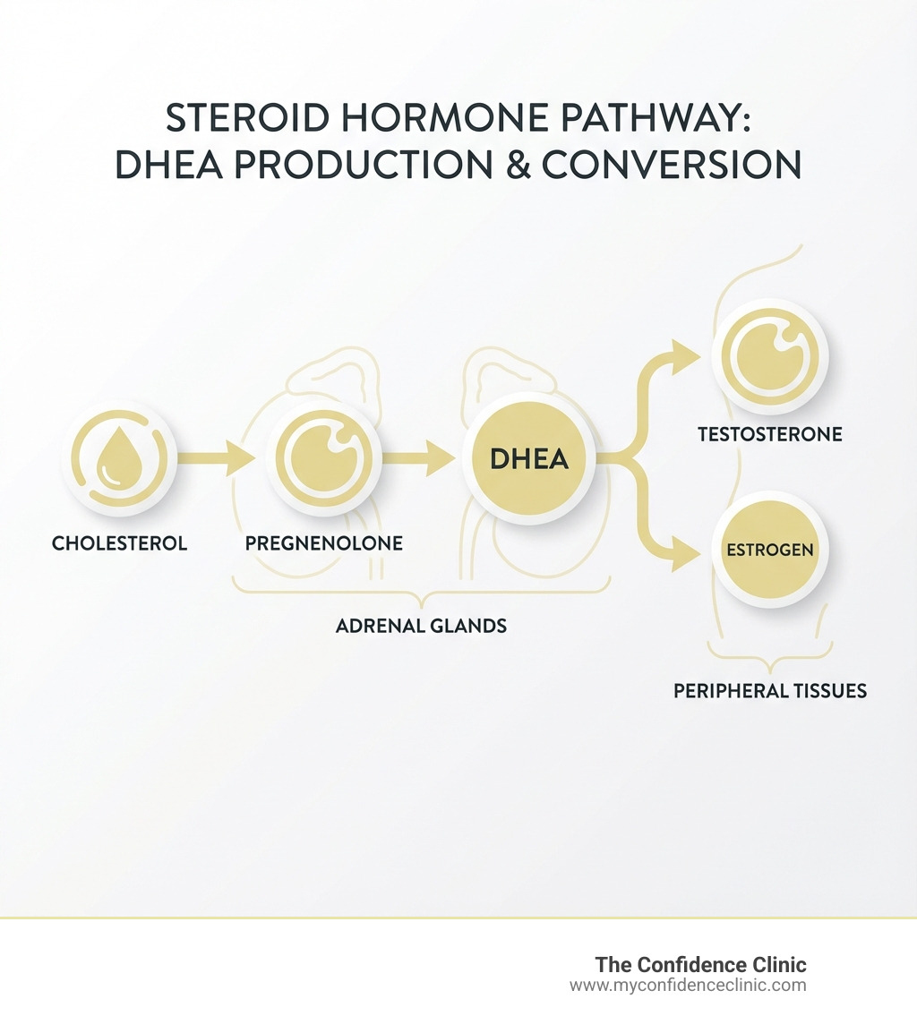 Infographic showing the steroid hormone pathway: cholesterol converts to pregnenolone, then to DHEA in the adrenal glands, which then converts to either testosterone or estrogen in peripheral tissues, with arrows indicating the conversion pathway and labels for each hormone - DHEA levels low infographic Infographic showing the steroid hormone pathway: cholesterol converts to pregnenolone, then to DHEA in the adrenal glands, which then converts to either testosterone or estrogen in peripheral tissues, with arrows indicating the conversion pathway and labels for each hormone - DHEA levels low infographic