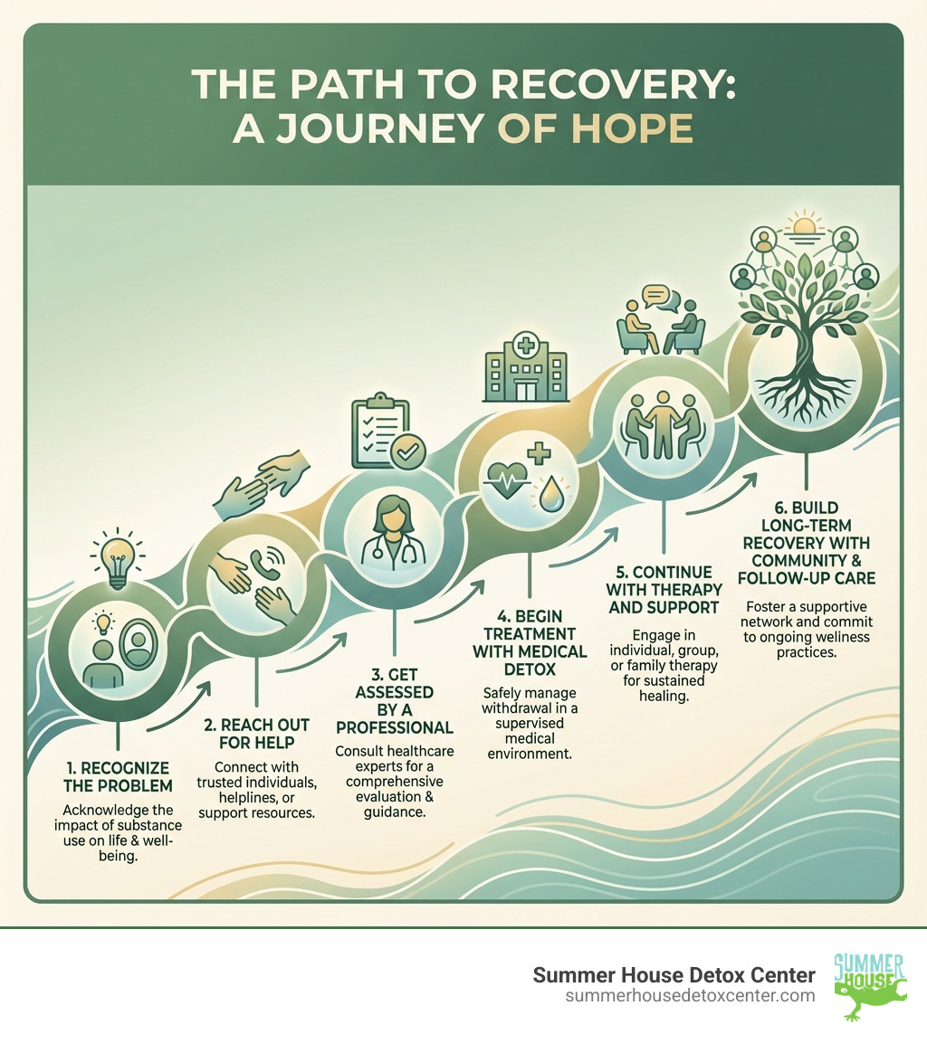 infographic showing the path to recovery: recognize the problem, reach out for help, get assessed by a professional, begin treatment with medical detox, continue with therapy and support, build long-term recovery with community and follow-up care - substance abuse help infographic 