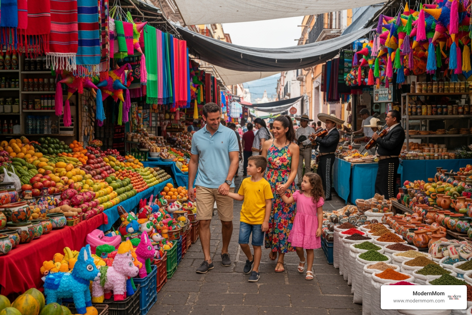 A family exploring a vibrant, colorful market in Mexico - cheap family vacation deals