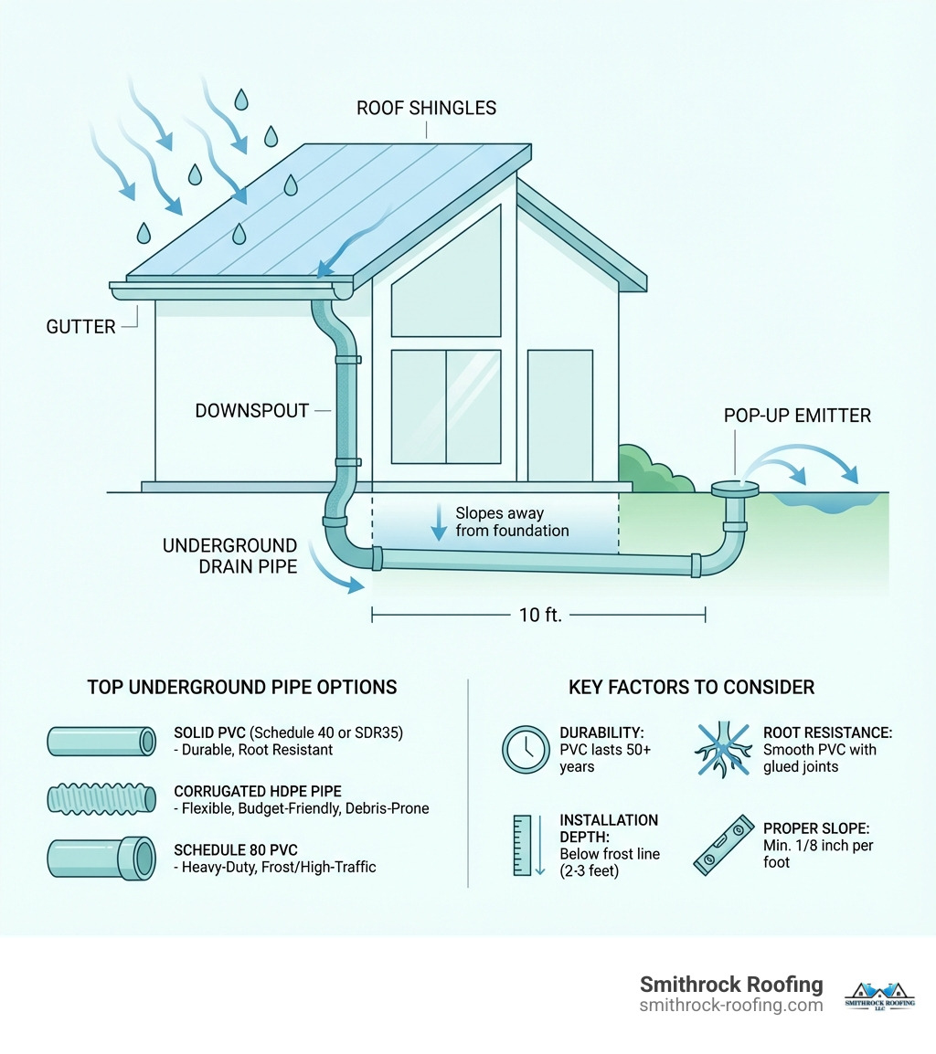 Infographic showing rainwater flowing from roof shingles into a gutter, down through a downspout attached to the house exterior, connecting to an underground drain pipe that slopes away from the foundation, and discharging water safely 10 feet away through a pop-up emitter - downspout drain pipe infographic 